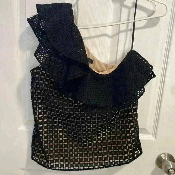 J. Crew Size 0 One Shoulder Eyelet Black Ruffle Top Style - Picture 4 of 10